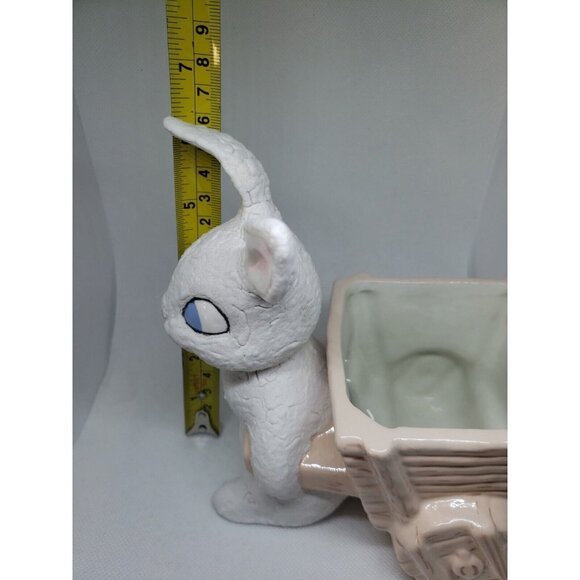 Vintage Planter Bunny Pulling Cart White Rabbit Ceramic Plant Accessory Easter - Picture 12 of 13